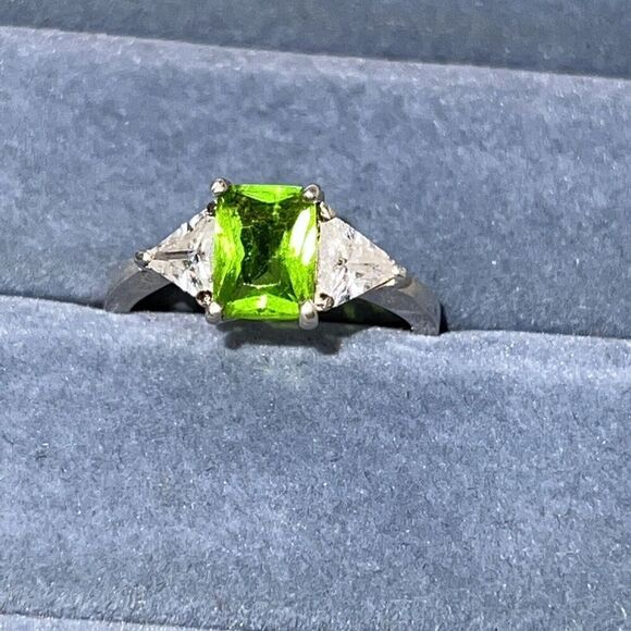 Tourmaline & Crystal Three Stone Ring Emerald Cut Stamped 925 Silver Size 81/2 - Picture 1 of 10